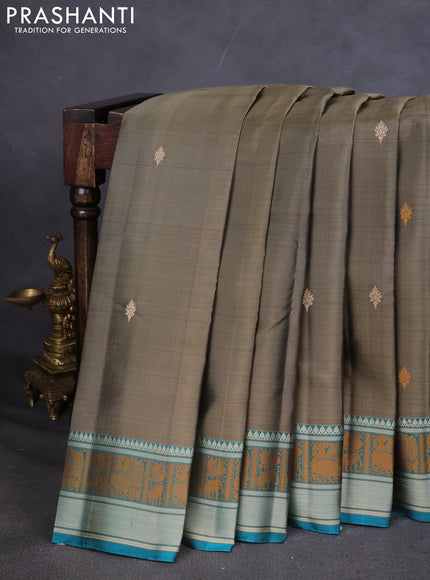 Pure Soft silk saree chikku shade and teal green with thread woven buttas and thread woven border