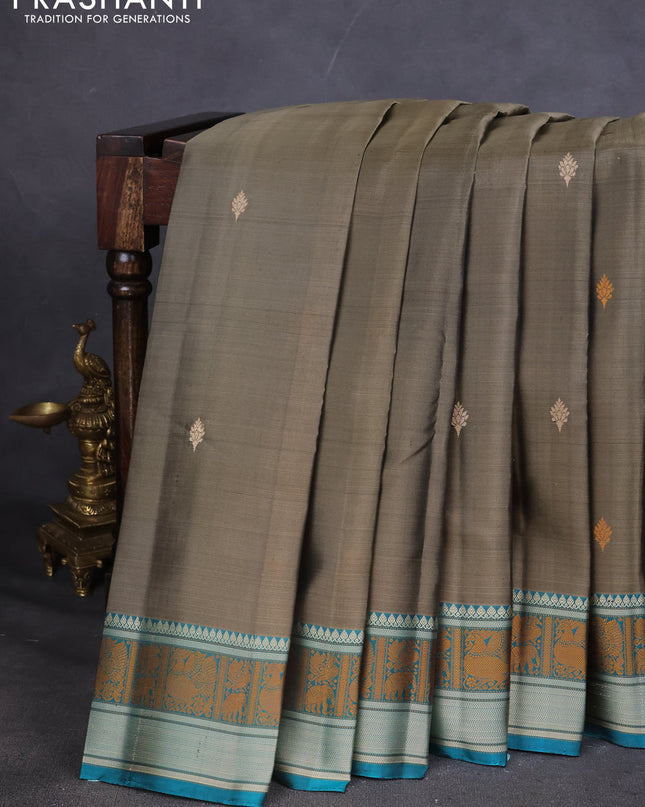 Pure Soft silk saree chikku shade and teal green with thread woven buttas and thread woven border