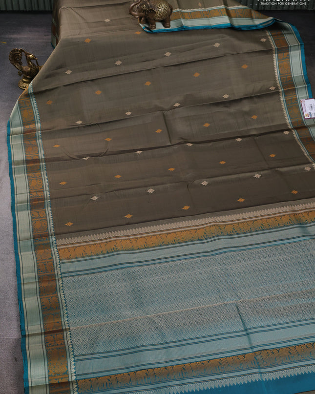 Pure Soft silk saree chikku shade and teal green with thread woven buttas and thread woven border