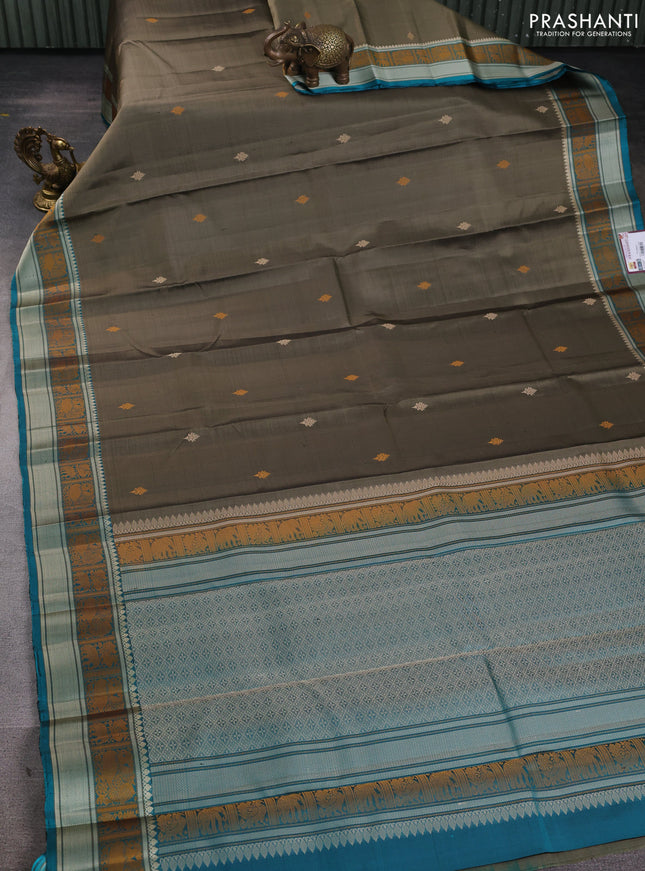Pure Soft silk saree chikku shade and teal green with thread woven buttas and thread woven border