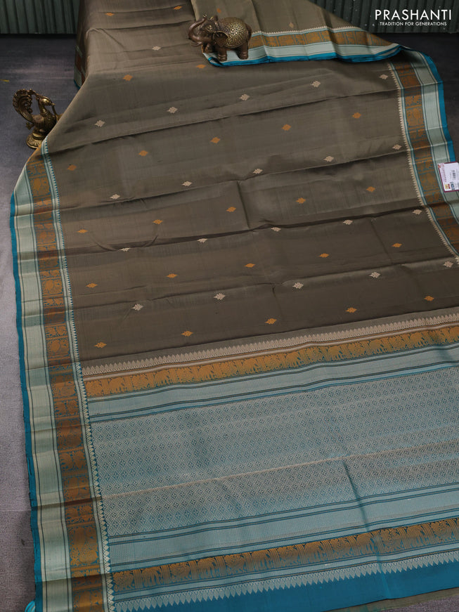 Pure Soft silk saree chikku shade and teal green with thread woven buttas and thread woven border