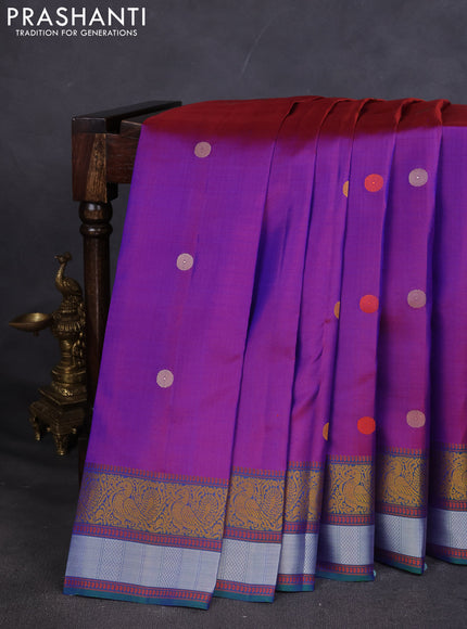 Pure Soft silk saree purple and bluish green with thread woven buttas and thread woven border