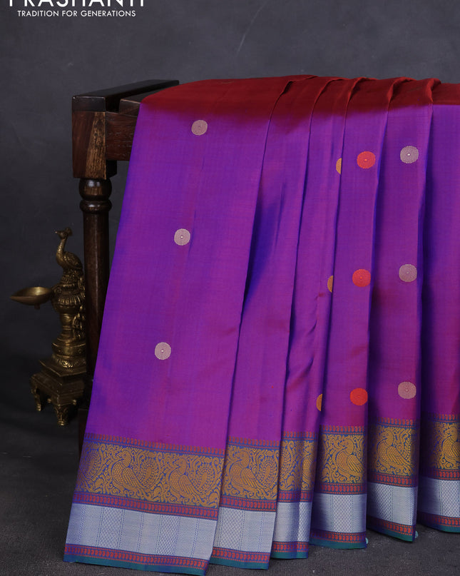 Pure Soft silk saree purple and bluish green with thread woven buttas and thread woven border