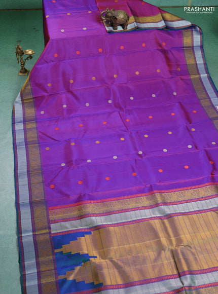 Pure Soft silk saree purple and bluish green with thread woven buttas and thread woven border