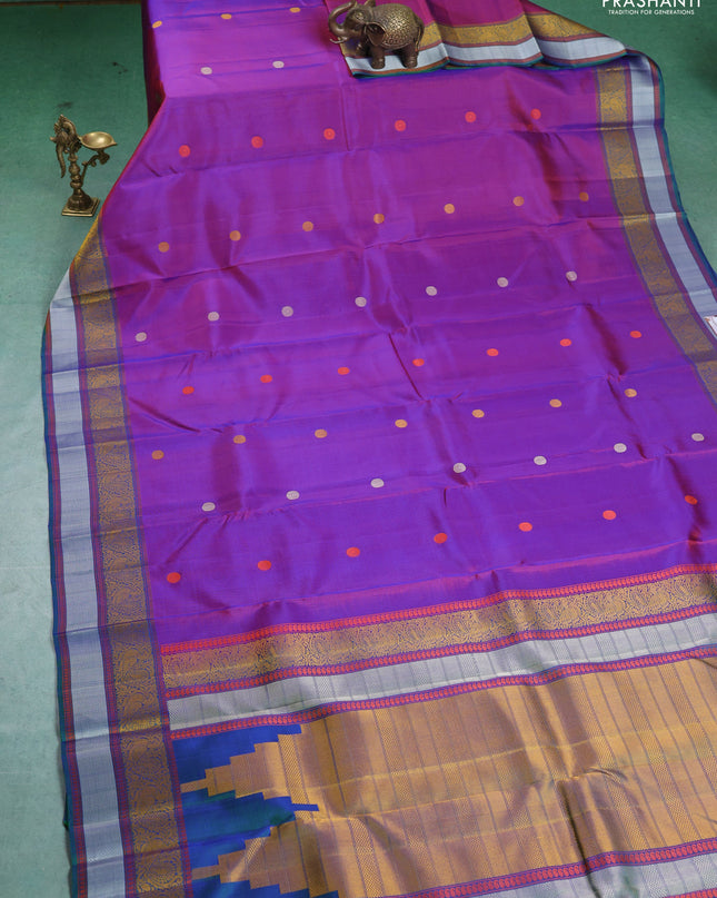 Pure Soft silk saree purple and bluish green with thread woven buttas and thread woven border