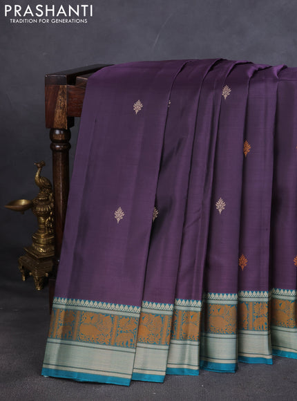 Pure Soft silk saree jamun shade and teal green with thread woven buttas and thread woven border