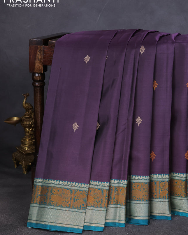 Pure Soft silk saree jamun shade and teal green with thread woven buttas and thread woven border