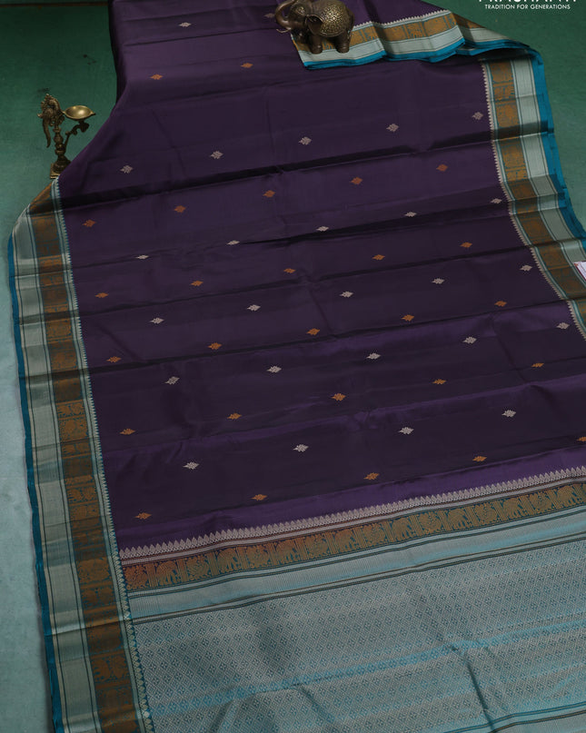 Pure Soft silk saree jamun shade and teal green with thread woven buttas and thread woven border