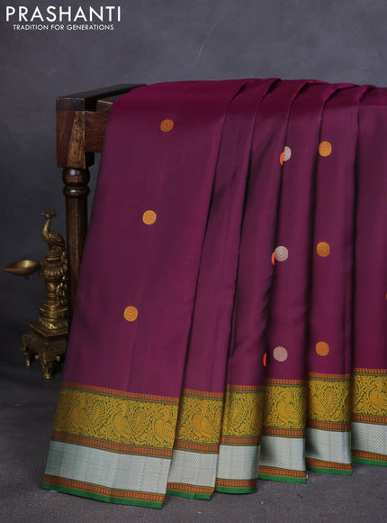 Pure Soft silk saree deep purple and green with thread woven buttas and thread woven border