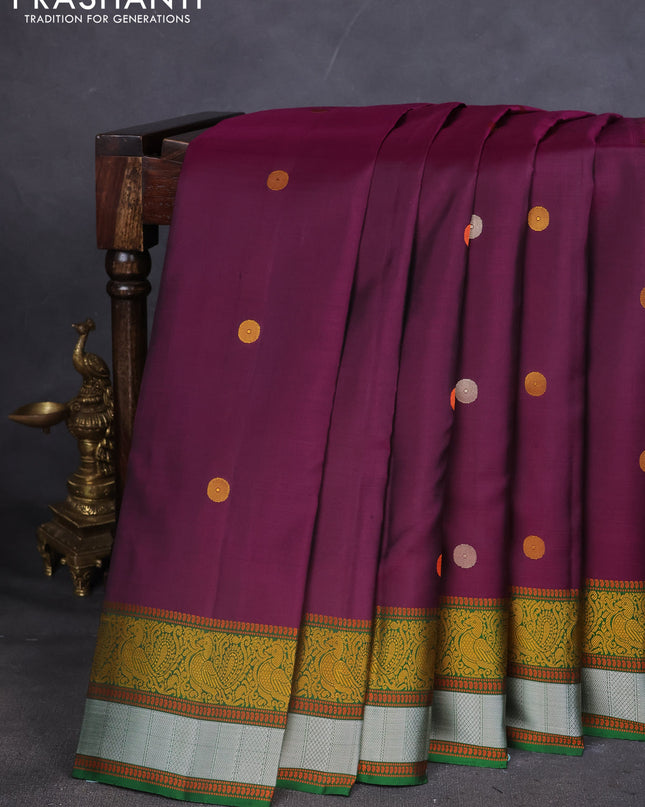 Pure Soft silk saree deep purple and green with thread woven buttas and thread woven border