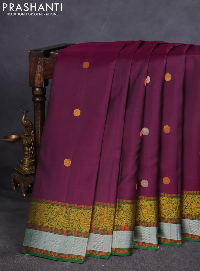 Pure Soft silk saree deep purple and green with thread woven buttas and thread woven border