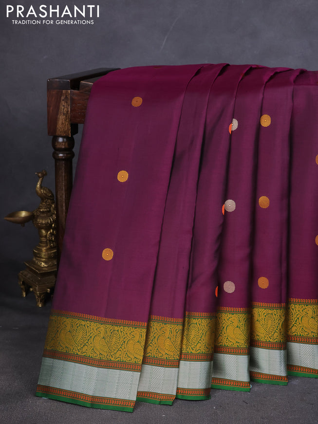 Pure Soft silk saree deep purple and green with thread woven buttas and thread woven border