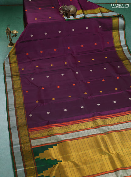 Pure Soft silk saree deep purple and green with thread woven buttas and thread woven border