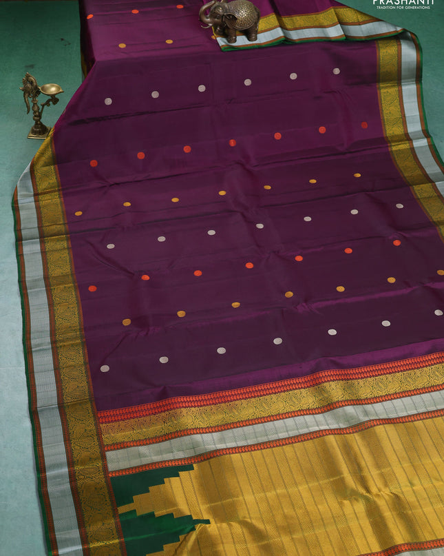 Pure Soft silk saree deep purple and green with thread woven buttas and thread woven border