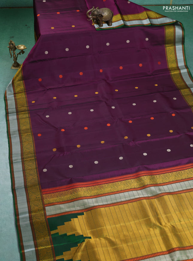 Pure Soft silk saree deep purple and green with thread woven buttas and thread woven border