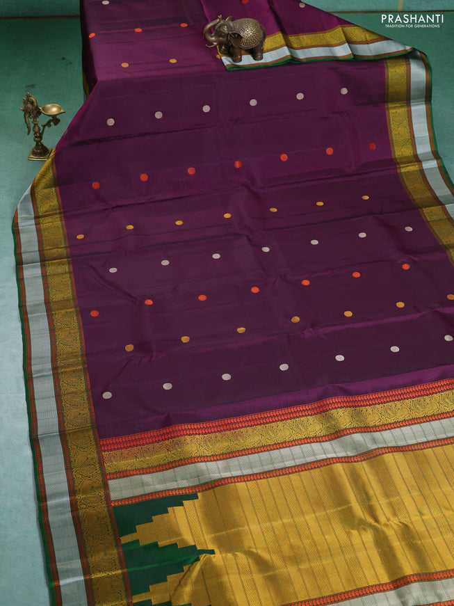 Pure Soft silk saree deep purple and green with thread woven buttas and thread woven border