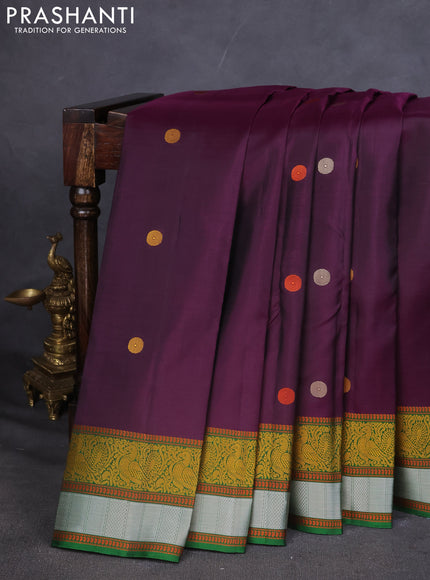 Pure Soft silk saree deep purple and green with thread woven buttas and thread woven border