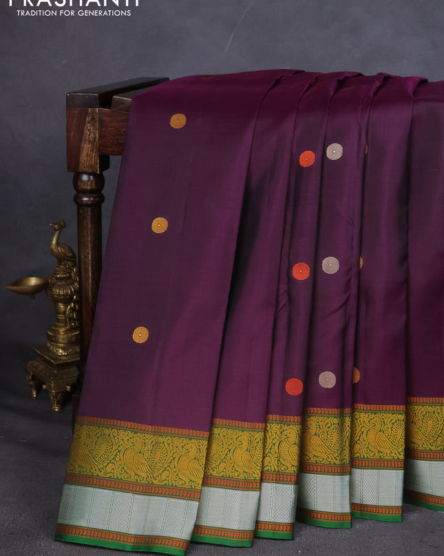 Pure Soft silk saree deep purple and green with thread woven buttas and thread woven border