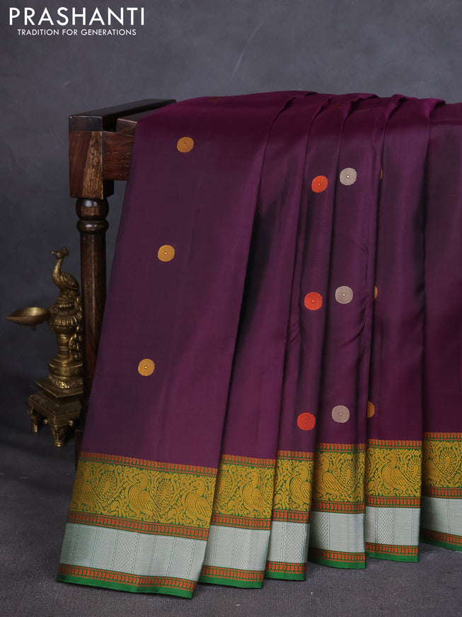 Pure Soft silk saree deep purple and green with thread woven buttas and thread woven border