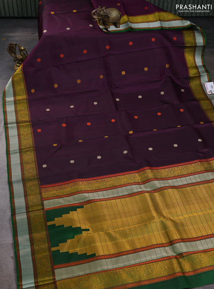 Pure Soft silk saree deep purple and green with thread woven buttas and thread woven border