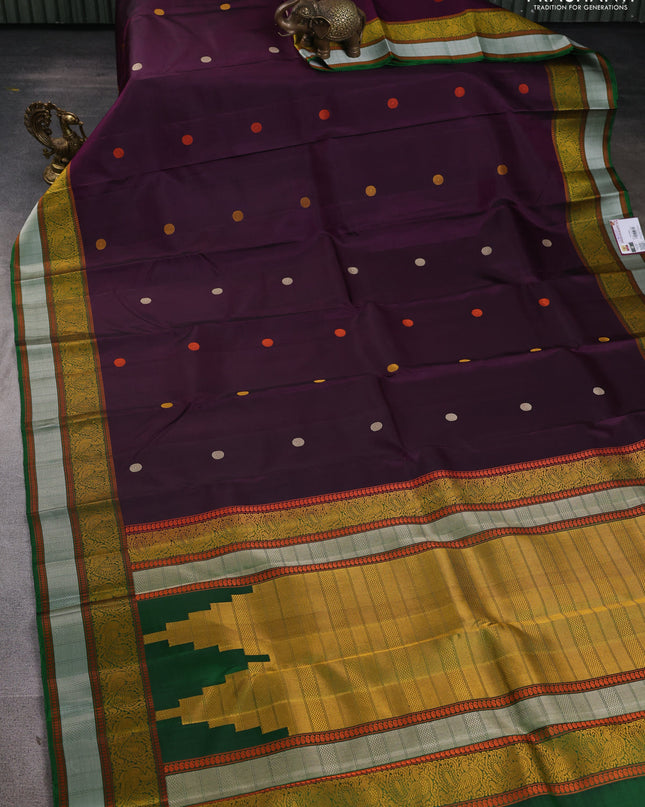 Pure Soft silk saree deep purple and green with thread woven buttas and thread woven border