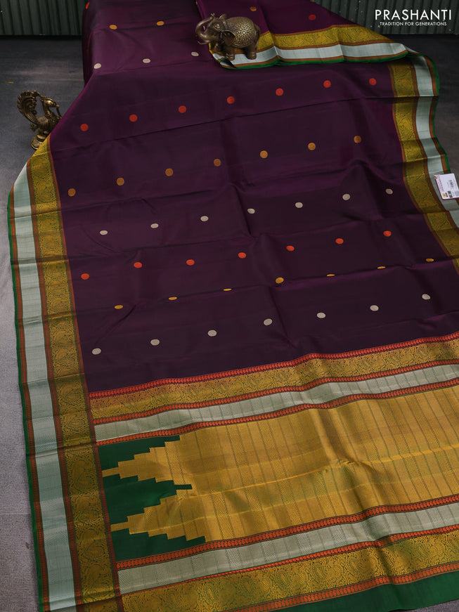 Pure Soft silk saree deep purple and green with thread woven buttas and thread woven border