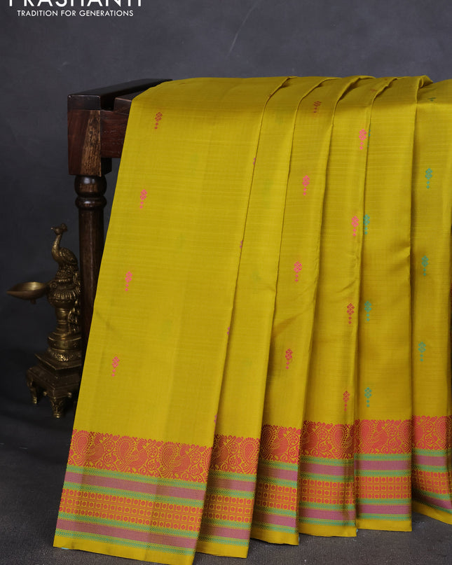 Pure Soft silk saree lime yellow with thread woven buttas and thread woven border