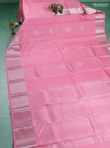 Pure Soft silk saree Pink with silver zari woven buttas and silver zari woven border
