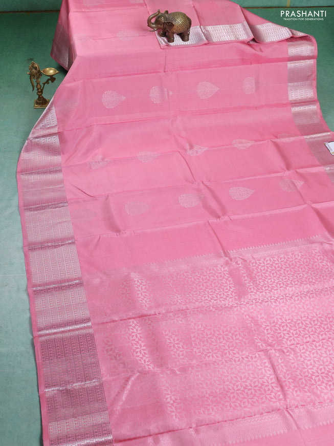 Pure Soft silk saree Pink with silver zari woven buttas and silver zari woven border