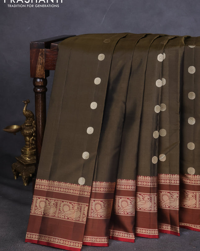 Pure Soft silk saree chikku shade and maroon with thread woven buttas and thread woven border