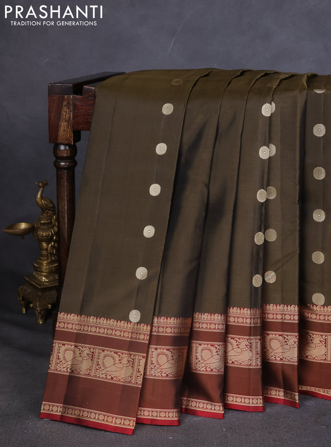Pure Soft silk saree chikku shade and maroon with thread woven buttas and thread woven border