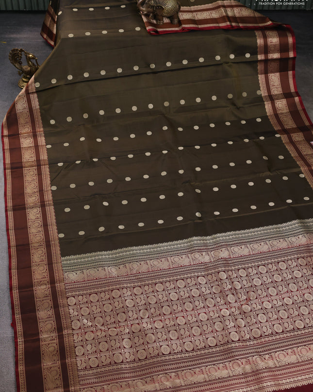 Pure Soft silk saree chikku shade and maroon with thread woven buttas and thread woven border