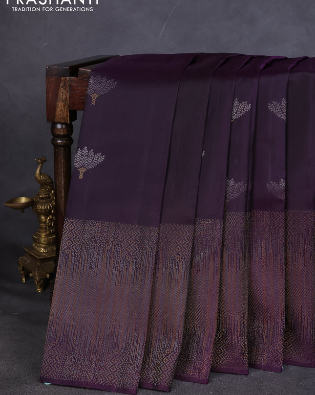 Pure Soft silk saree deep violet with silver zari woven buttas and rich zari woven border