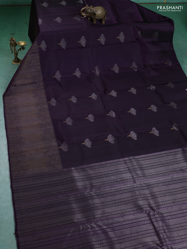 Pure Soft silk saree deep violet with silver zari woven buttas and rich zari woven border