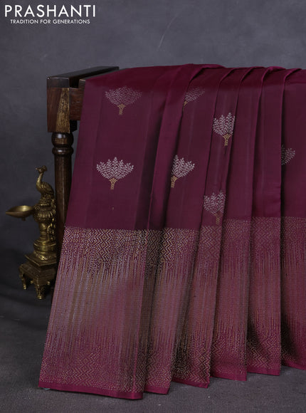 Pure Soft silk saree dark magenta with silver zari woven buttas and rich zari woven border