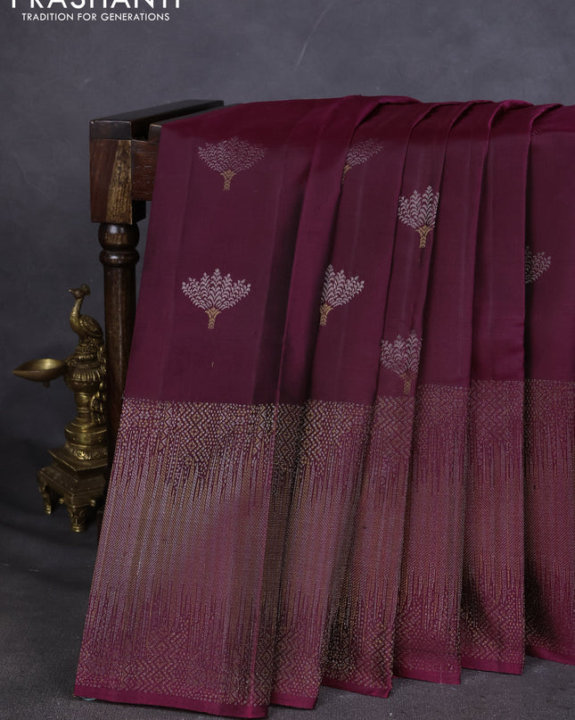 Pure Soft silk saree dark magenta with silver zari woven buttas and rich zari woven border