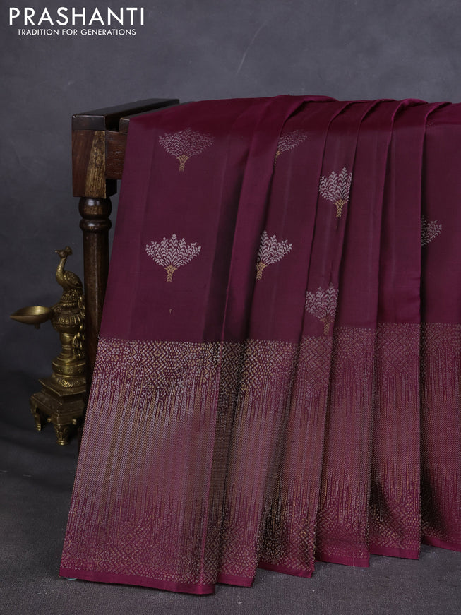 Pure Soft silk saree dark magenta with silver zari woven buttas and rich zari woven border