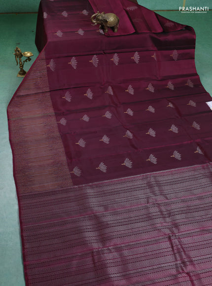 Pure Soft silk saree dark magenta with silver zari woven buttas and rich zari woven border