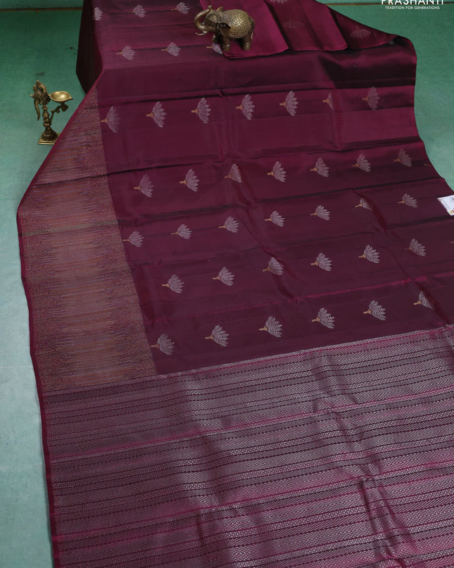 Pure Soft silk saree dark magenta with silver zari woven buttas and rich zari woven border