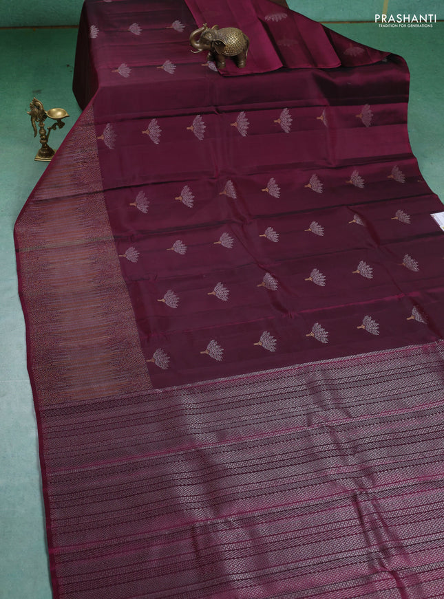 Pure Soft silk saree dark magenta with silver zari woven buttas and rich zari woven border