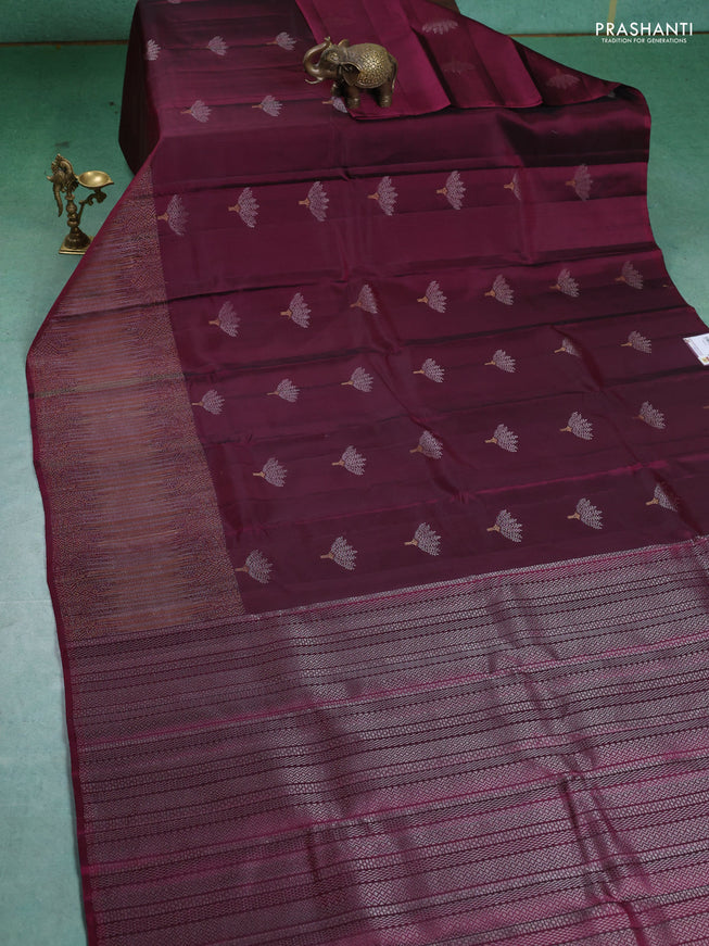 Pure Soft silk saree dark magenta with silver zari woven buttas and rich zari woven border