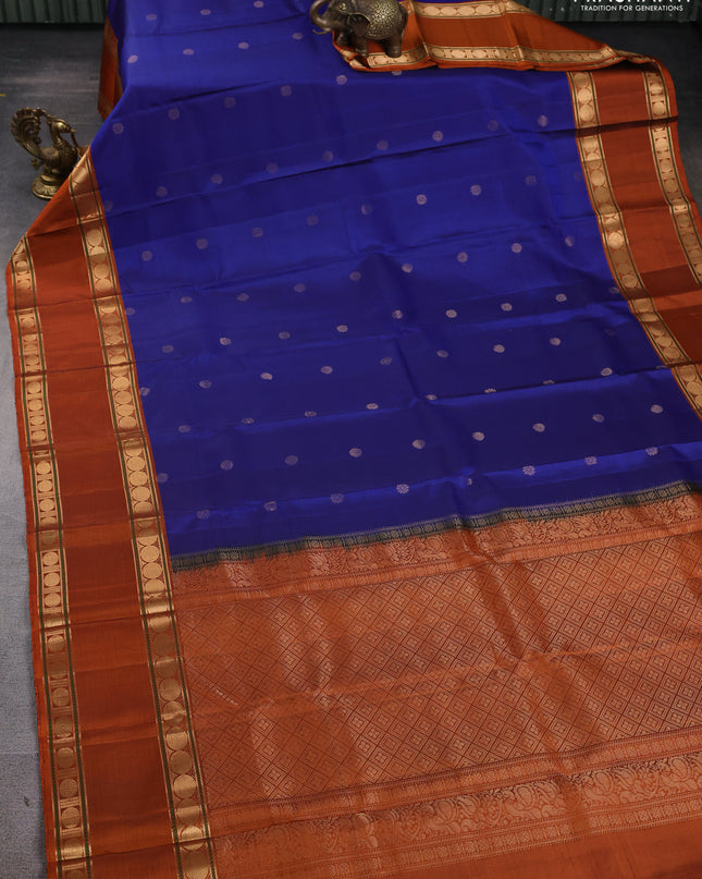 Pure Soft silk saree blue and orange with woven buttas and rettapet zari woven border