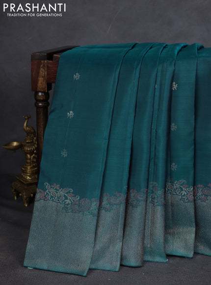 Pure Soft silk saree peacock green with woven buttas and rich zari woven border