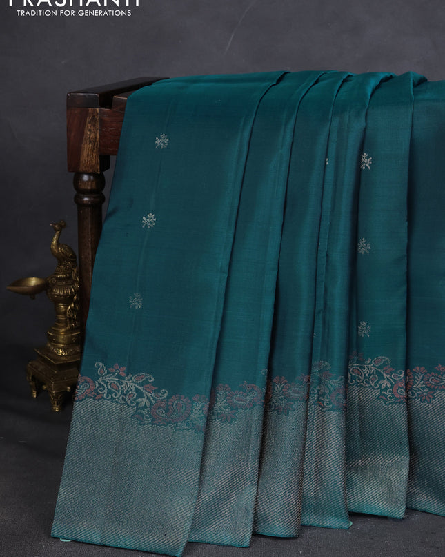Pure Soft silk saree peacock green with woven buttas and rich zari woven border