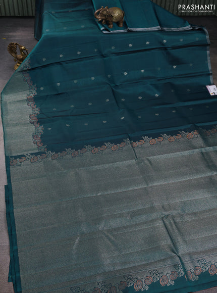 Pure Soft silk saree peacock green with woven buttas and rich zari woven border