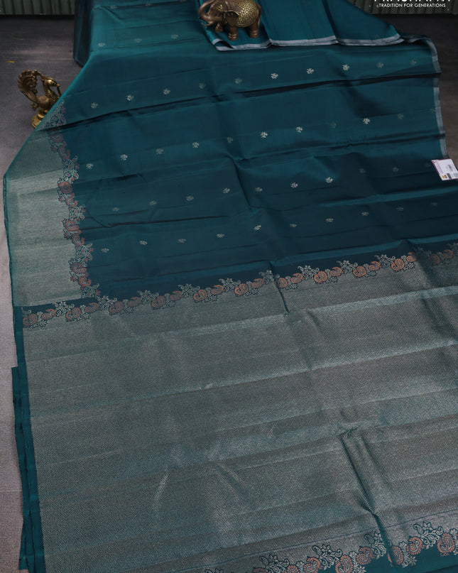 Pure Soft silk saree peacock green with woven buttas and rich zari woven border