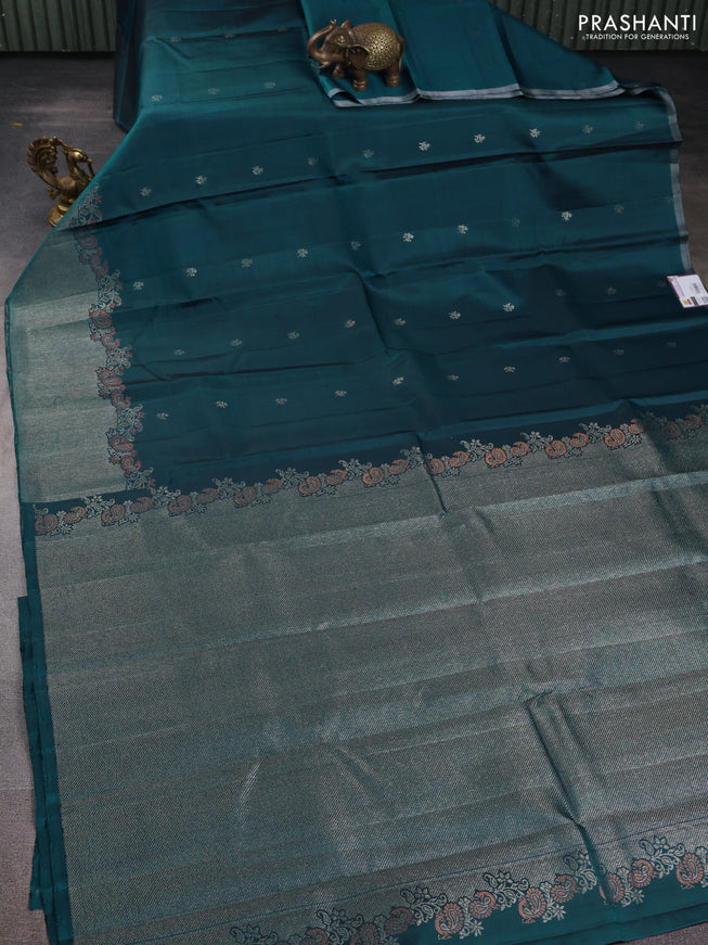 Pure Soft silk saree peacock green with woven buttas and rich zari woven border