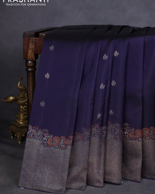 Pure Soft silk saree navy blue with woven buttas and rich zari woven border