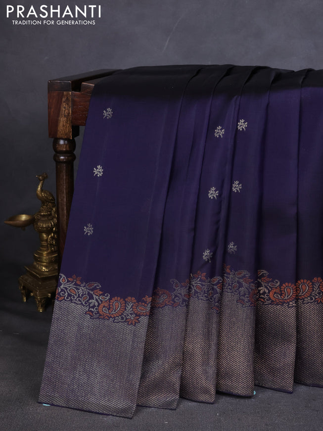 Pure Soft silk saree navy blue with woven buttas and rich zari woven border