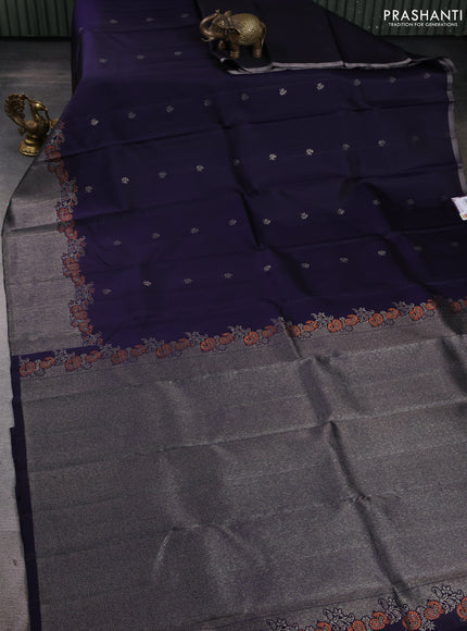 Pure Soft silk saree navy blue with woven buttas and rich zari woven border